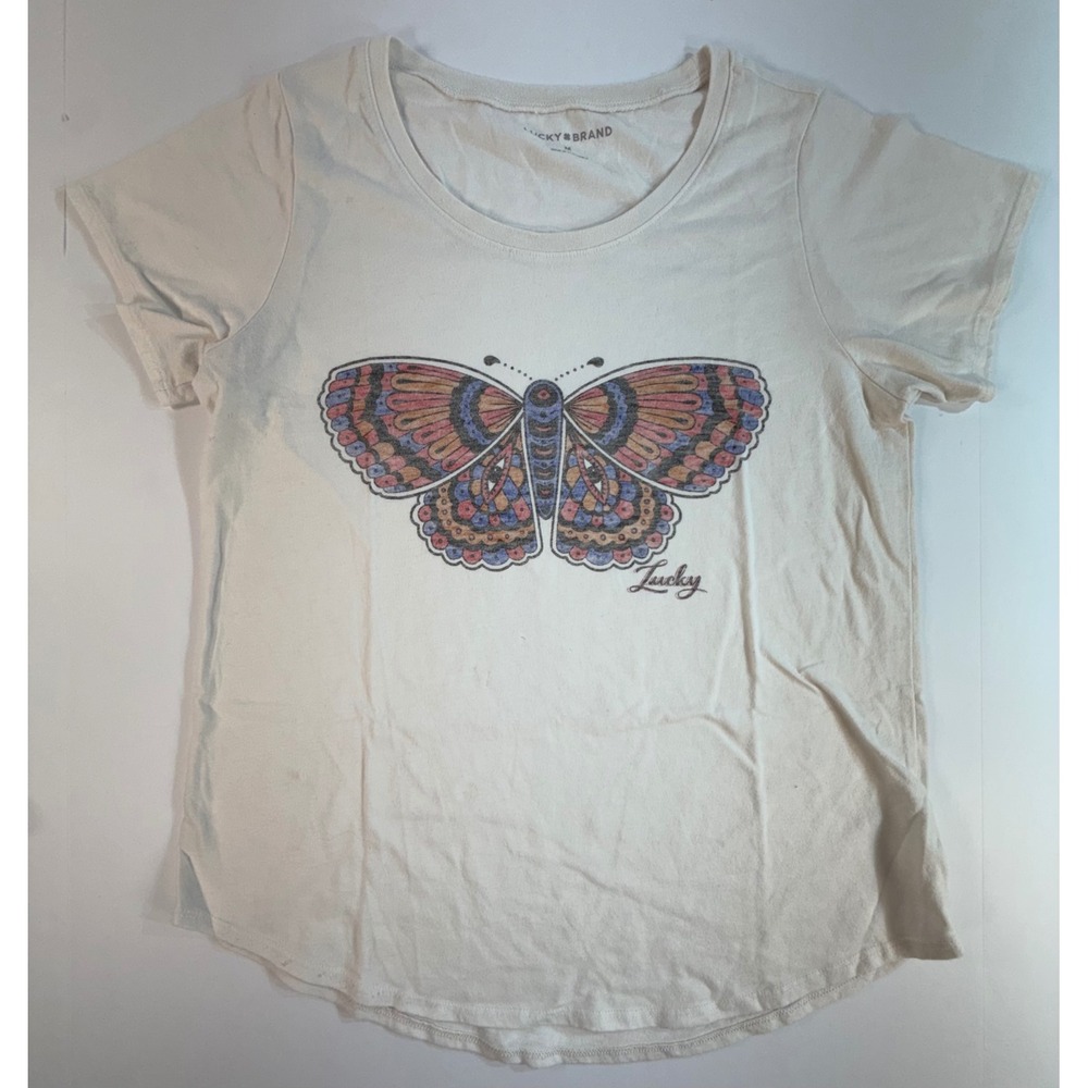 Lucky Brand Womens Cream Butterfly Graphic Scoop Neck T-Shirt Size Medium Boho